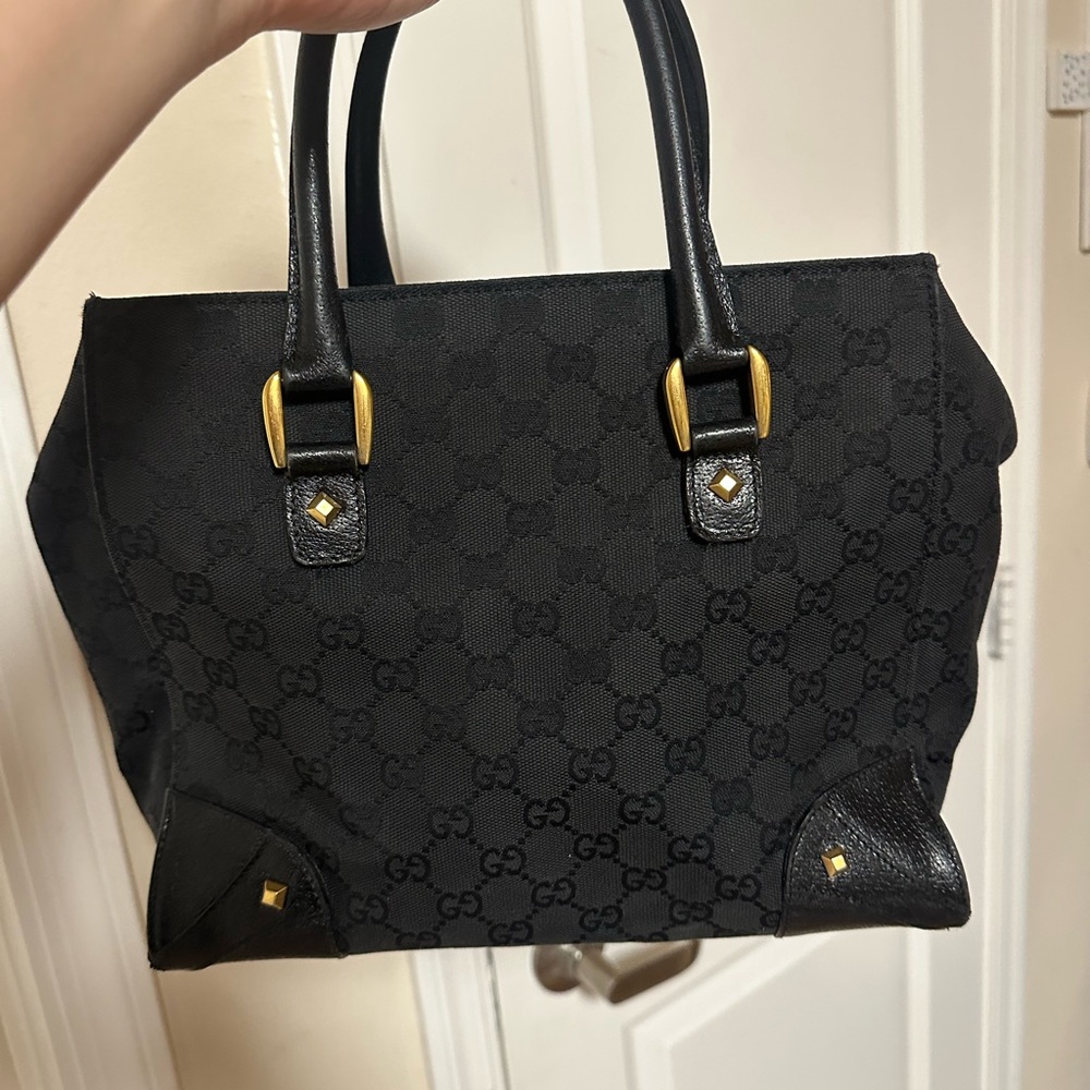 Gucci GG Canvas Tote Bag In Black Leather With Studs - Picture 8 of 16